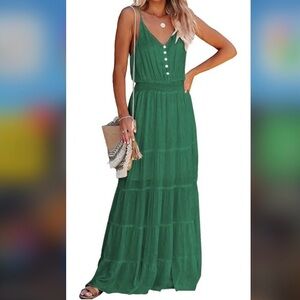 Sleeveless V-Neck Tiered Maxi Dress in Green